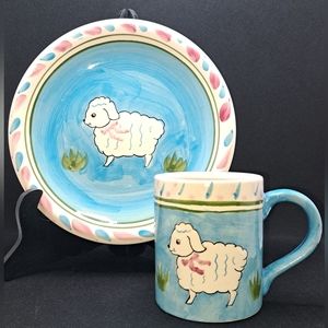Set  Vintage Handpainted World Bazaars Ceramic EASTER LAMB Plate and Mug Spring